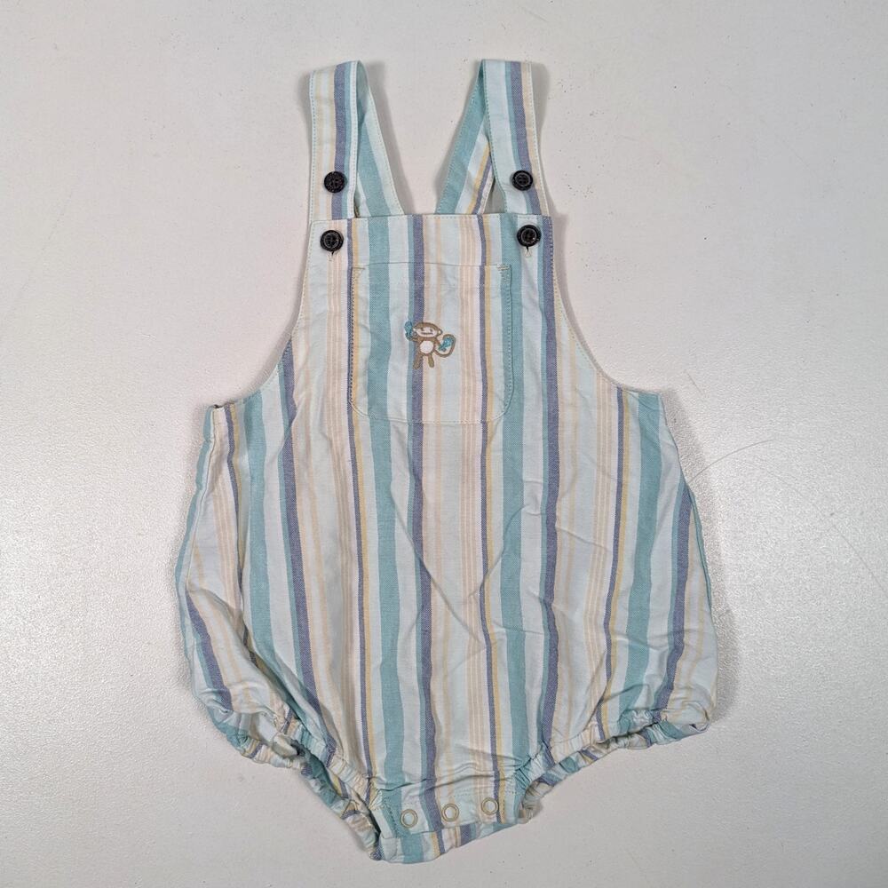 Vtg Janie and Jack Sunsuit Baby Boys Sz 6-12m Blue Stripe Monkey 2004